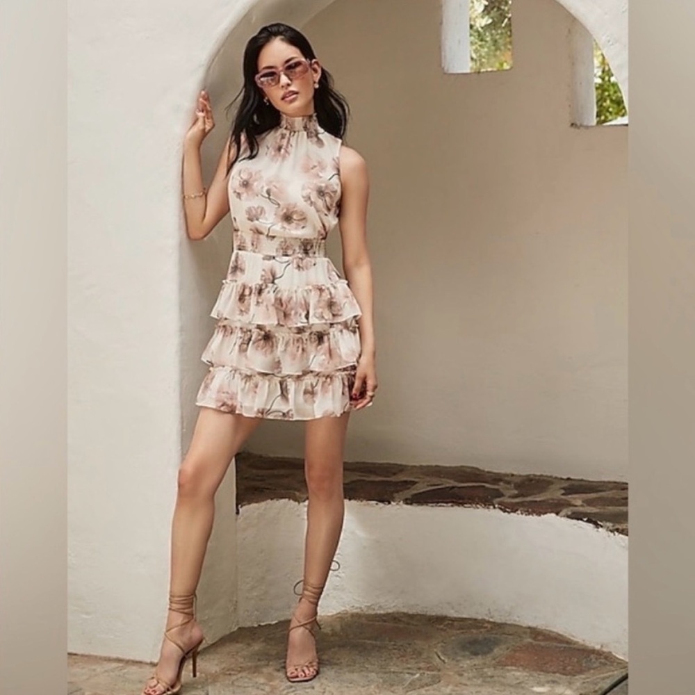 Express Floral Sleeveless Mock Neck Tiered Ruffle Dress